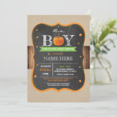 カボチャベビーシャワーそれは男の子のパーティーの素朴な招待です 招待状 (スタンド正面)