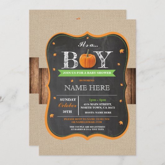 カボチャベビーシャワーそれは男の子のパーティーの素朴な招待です 招待状 (正面/裏面)