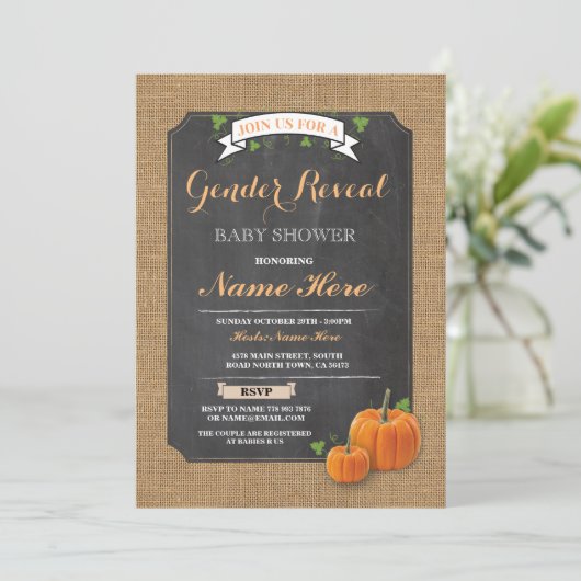 カボチャベビーシャワーの性はパーティの招待状を明らかにします 招待状 (スタンド正面)