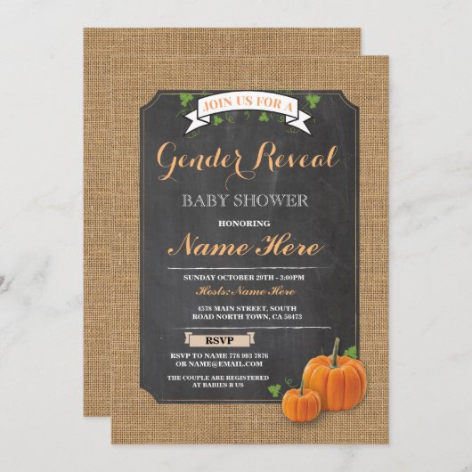 カボチャベビーシャワーの性はパーティの招待状を明らかにします 招待状 (正面/裏面)