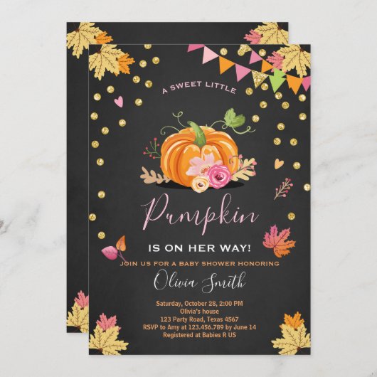 カボチャベビーシャワーの招待の秋の秋のピンク 招待状 (正面/裏面)