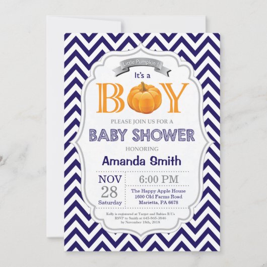 カボチャベビーシャワーの招待状の秋の秋の男の子 招待状 (正面)