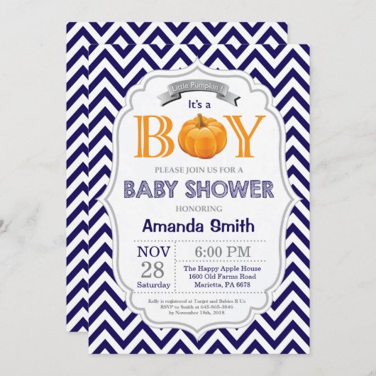 カボチャベビーシャワーの招待状の秋の秋の男の子 招待状 (正面/裏面)
