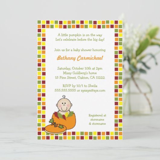 カボチャベビーシャワーの招待/秋のモザイクのベビー 招待状 (スタンド正面)