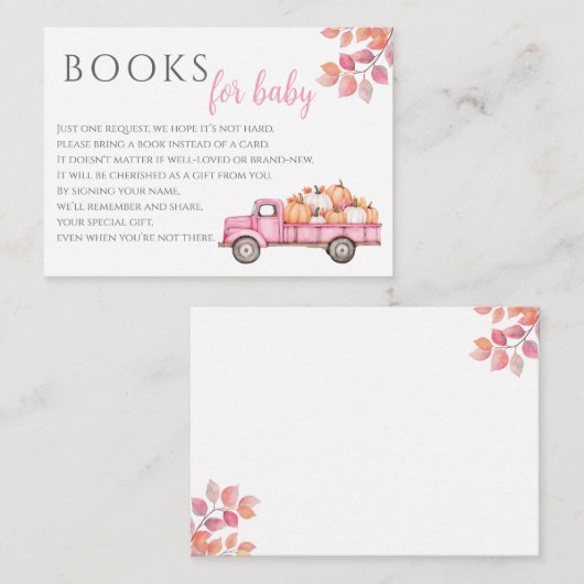 カボチャベビーピンクガール赤ちゃんシャワー用の本 エンクロージャーカード (正面/裏面)