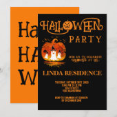 カボチャモダンンブラックオレンジハッピーハローウィン 招待状 (正面/裏面)