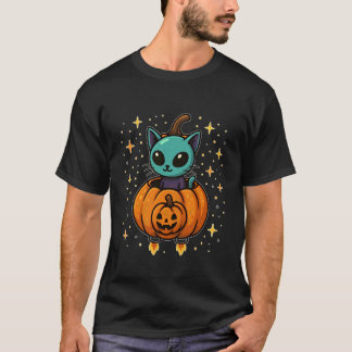 カボチャロケットに乗った猫 Tシャツ