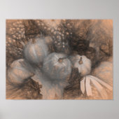 カボチャヴィンテージアンティークセピアグレー秋スケッチアート ポスター (正面)