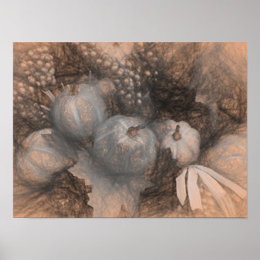 カボチャヴィンテージアンティークセピアグレー秋スケッチアート ポスター (正面)