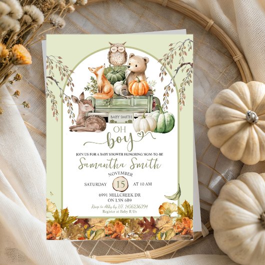 カボチャートラック森林動物オ男の子の赤ちゃんシャワー 招待状