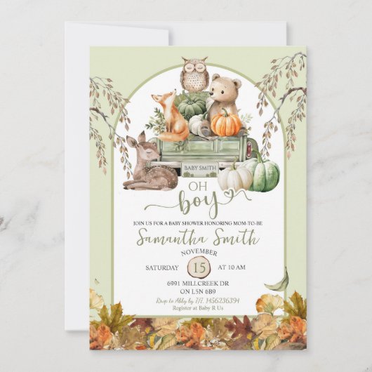 カボチャートラック森林動物オ男の子の赤ちゃんシャワー 招待状 (正面)