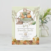 カボチャートラック森林動物オ男の子の赤ちゃんシャワー 招待状 (スタンド正面)