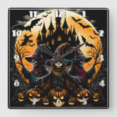 カボチャ不気味パッチのかかし スクエア壁時計 (正面)