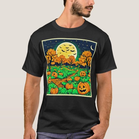 カボチャ不気味パッチ：漫画の夜 Tシャツ (正面)