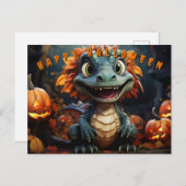 カボチャ付きの森のハロウィーン恐竜 シーズンポストカード (正面/裏面)