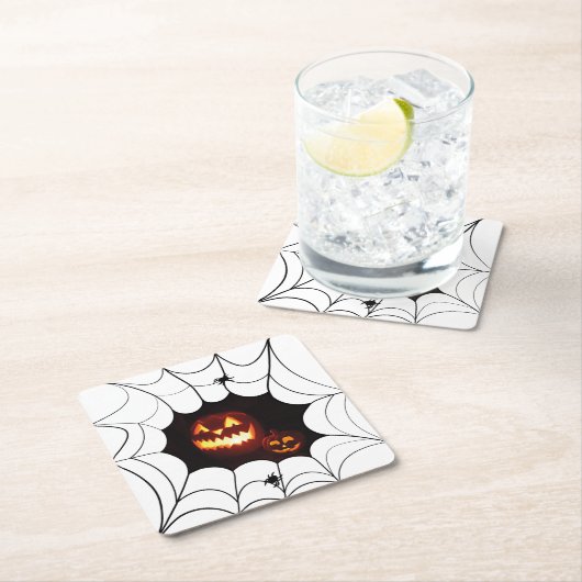 カボチャ付きスパイダーウェブ スクエアペーパーコースター (インサイチュ)
