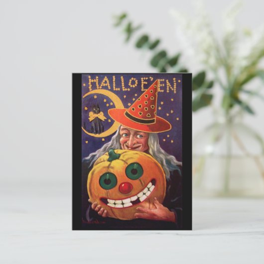 カボチャ付きハロウィンおもしろいウィッチ ポストカード (スタンド正面)