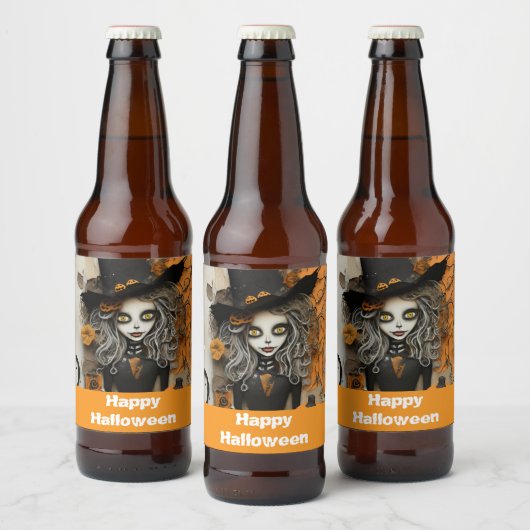 カボチャ付きハロウィーンの魔女 ビールラベル (ボトル)