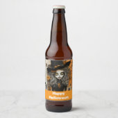 カボチャ付きハロウィーンの魔女 ビールラベル (正面)