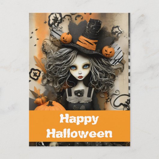 カボチャ付きハロウィーンの魔女 ポストカード (正面)