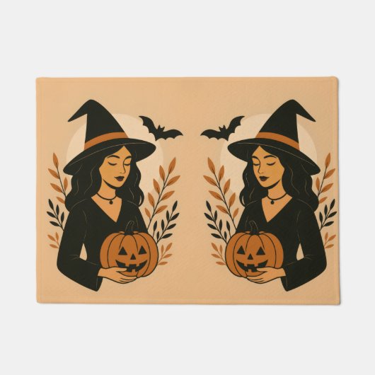 カボチャ付き秋の魔女 | ヴィンテージハロウィーン ドアマット (正面)