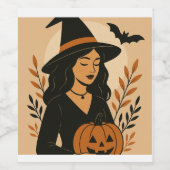 カボチャ付き秋の魔女 | ヴィンテージハロウィーン ワインラベル (シングルラベル)