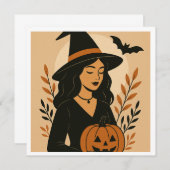 カボチャ付き秋の魔女 | ヴィンテージハロウィーン 招待状 (正面/裏面)