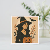 カボチャ付き秋の魔女 | ヴィンテージハロウィーン 招待状 (スタンド正面)