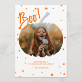 カボチャ切り取りハロウィーンの白いオレンジ色の写真 カード (正面)