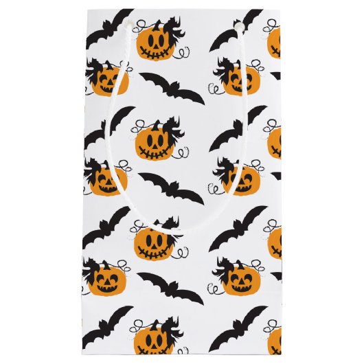 カボチャ及びこうもりパターンハロウィーンのカボチャのちょうちんオレンジ スモールペーパーバッグ (正面)
