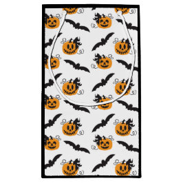 カボチャ及びこうもりパターンハロウィーンのカボチャのちょうちんブラック スモールペーパーバッグ