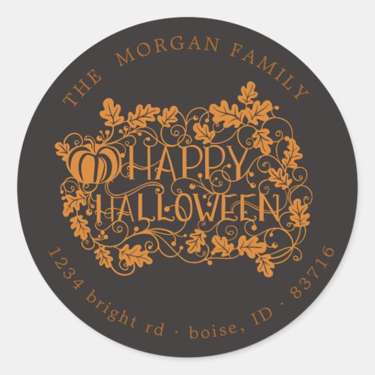 カボチャ及びつる植物ハッピーハローウィン差出人住所 ラウンドシール (正面)