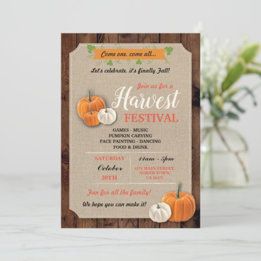 カボチャ収穫のフェスティバルの素朴なチョークの招待 招待状 (スタンド正面)
