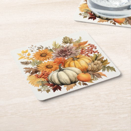 カボチャ収穫フローラメドレー：葉と花模様 スクエアペーパーコースター (アングル)