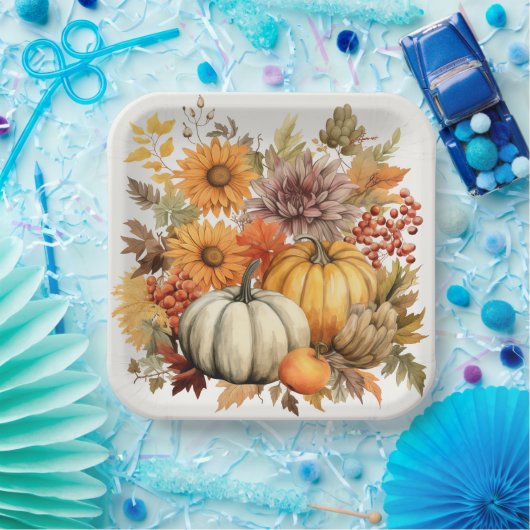 カボチャ収穫フローラメドレー：葉と花模様 ペーパープレート (パーティー)