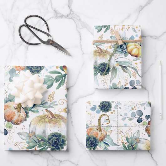 カボチャ多糖金ゴールドグリーナリーユーカリ秋 ラッピングペーパーシート (正面)