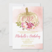 カボチャ女の子のピンクの金ゴールドの最初誕生日の水彩画 招待状 (正面)