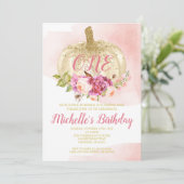 カボチャ女の子のピンクの金ゴールドの最初誕生日の水彩画 招待状 (スタンド正面)