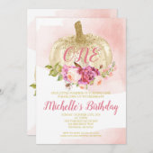 カボチャ女の子のピンクの金ゴールドの最初誕生日の水彩画 招待状 (正面/裏面)