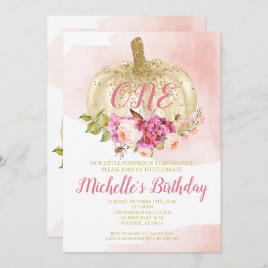 カボチャ女の子のピンクの金ゴールドの最初誕生日の水彩画 招待状 (正面/裏面)