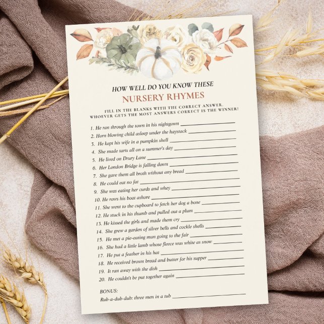 カボチャ子供部屋韻ベビーシャワーゲーム (A baby shower nursery rhyme game with a pumpkin theme is a fun & entertaining activity for guests.)