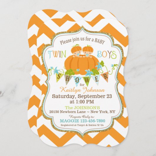 カボチャ対の男の子の秋のベビーシャワー招待状 招待状 (正面/裏面)