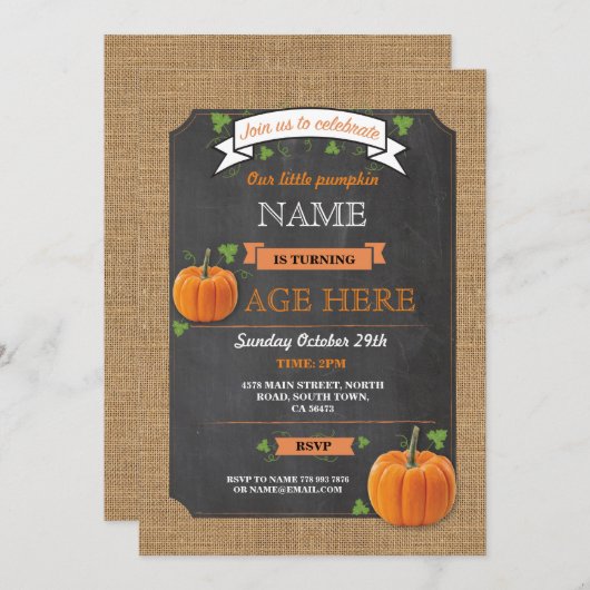 カボチャ年齢の誕生会の男の子の女の子の招待 招待状 (正面/裏面)