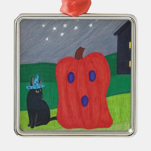 カボチャ幽霊とウィザードキャットハロウィンオーナメント メタルオーナメント (正面)