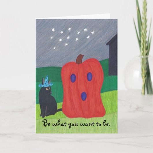 カボチャ幽霊とウィザードキャットハロウィンカード カード (正面)