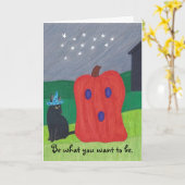 カボチャ幽霊とウィザードキャットハロウィンカード カード (黄色い花)