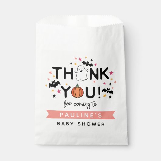 カボチャ幽霊ピンクハロウィーン赤ちゃんシャワーありがとう フェイバーバッグ (正面)