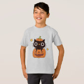 カボチャ彫りの可愛い黒猫ハッピーハローウィン Tシャツ (正面フル)