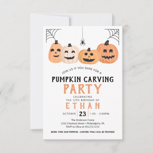 カボチャ彫り誕生日パーティハロウィーン 招待状 (正面)