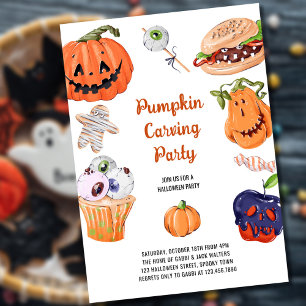 カボチャ彫刻とハロウィーン食品パーティー 招待状